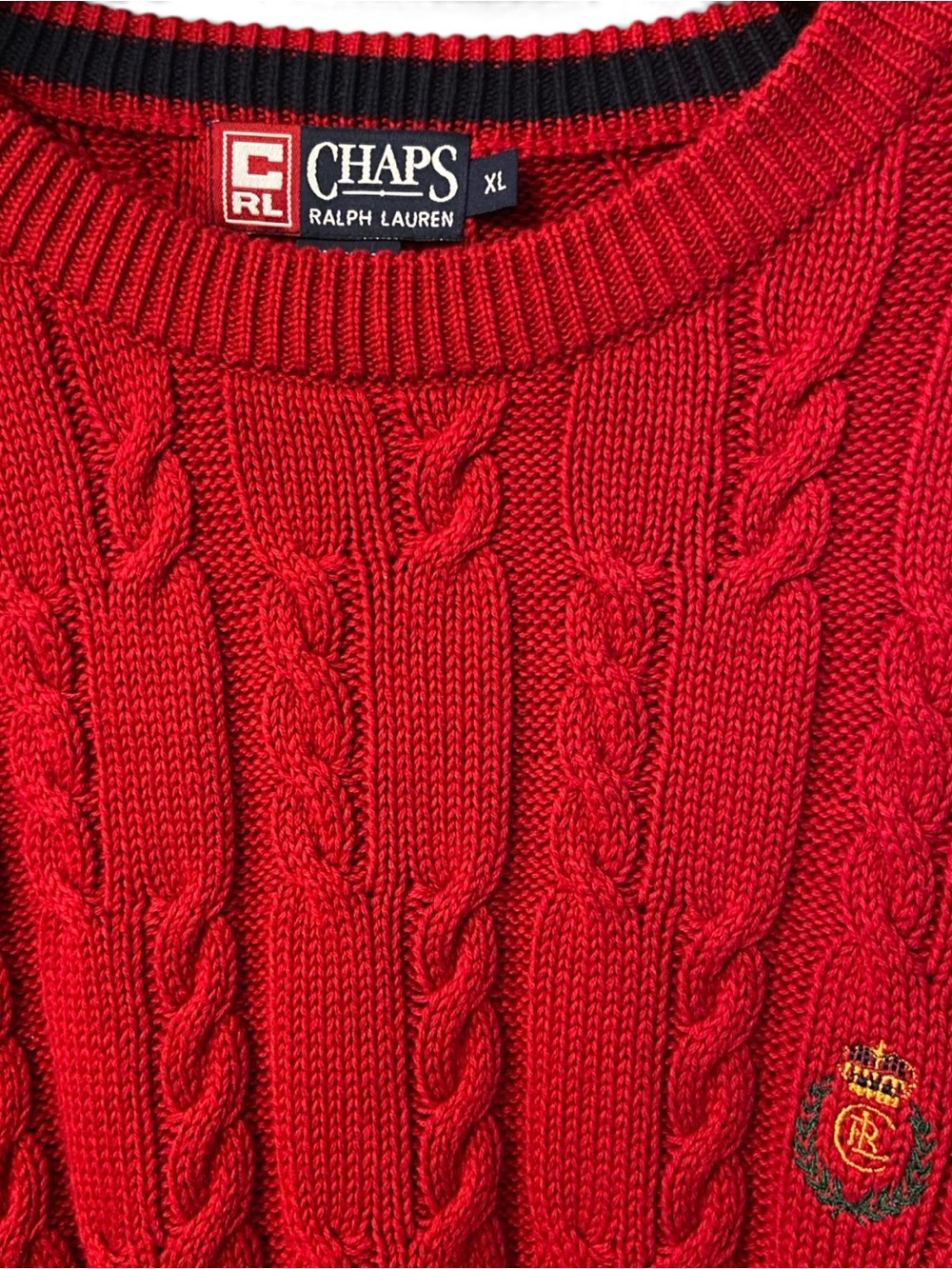 VINTAGE 90’s Chaps Ralph Lauren Cable Knit Sweater Men’s XL Red Crest Fisherman